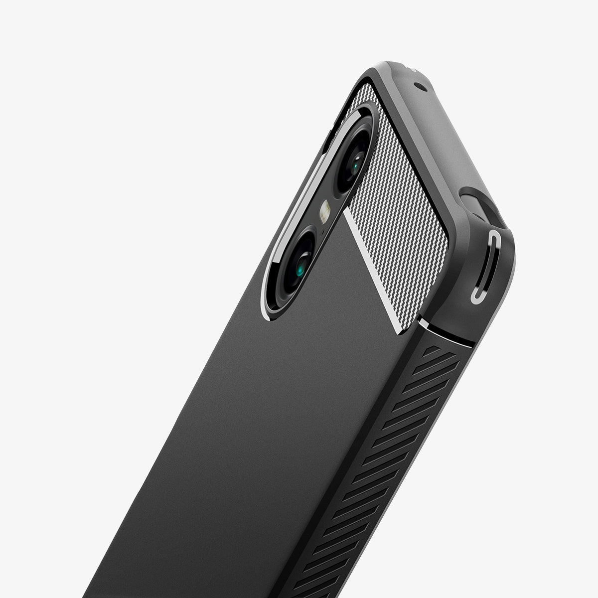 ACS08298 - Sony Xperia 10 VI Case Rugged Armor in Matte Black showing the back, top and partial side camera lens zoomed in