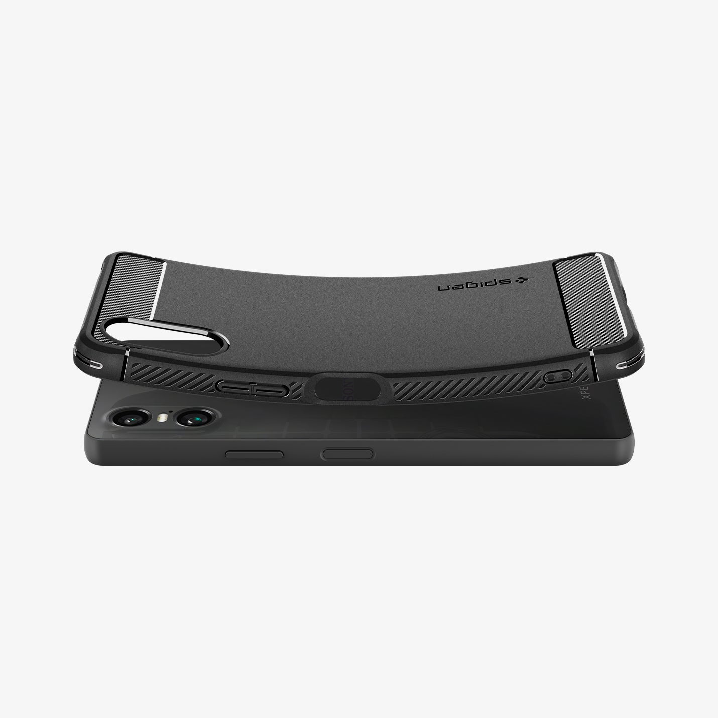 ACS08298 - Sony Xperia 10 VI Case Rugged Armor in Matte Black showing the back hovering above the device slightly bent upward