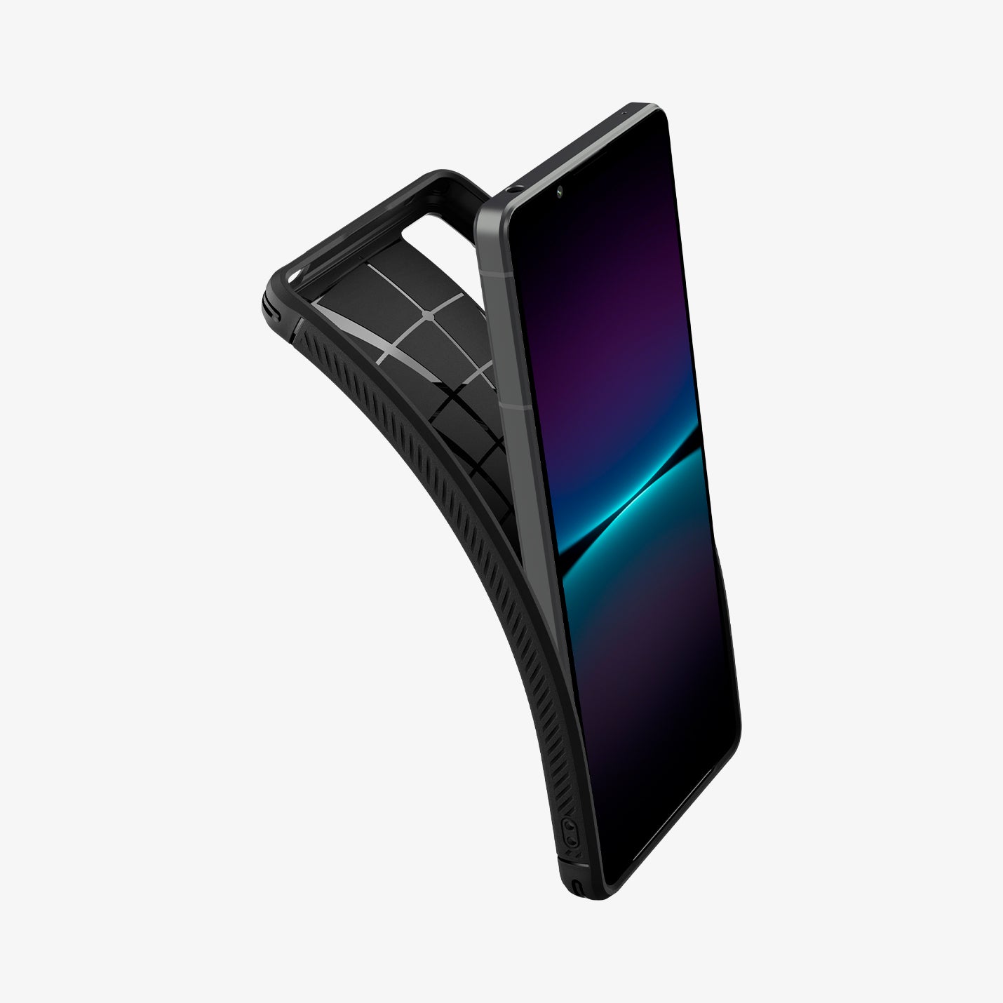 ACS04550 - Sony Xperia 1 IV Case Rugged Armor in matte black showing the front with case bending away from the device