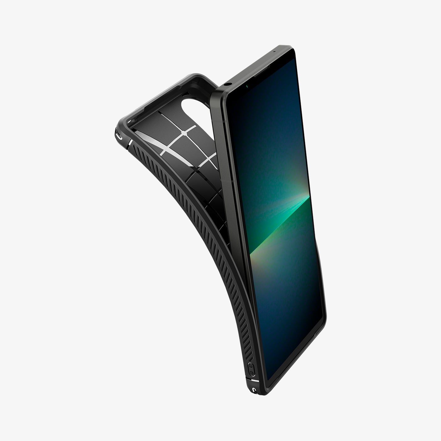 ACS06359 - Sony Xperia 5V Case Rugged Armor in matte black showing the case bending away from the device