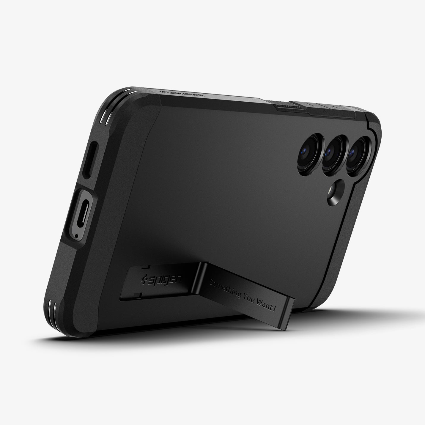 ACS07355 - Galaxy S24 Case Tough Armor in Black showing the back, partial side and bottom with a built-in kickstand propped up