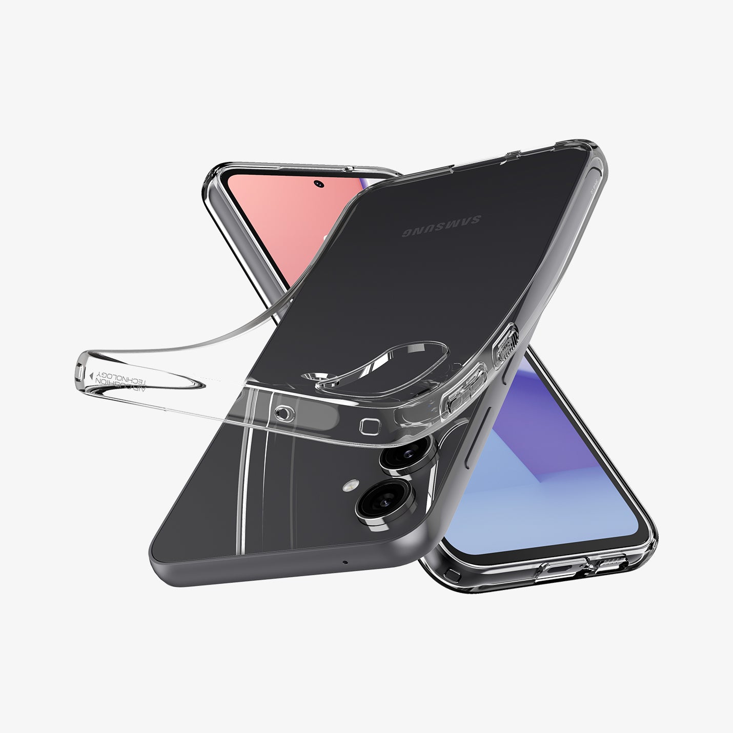 ACS06369 - Galaxy S23 FE Case Liquid Crystal in crystal clear showing the back, front and sides with case bending away from the device