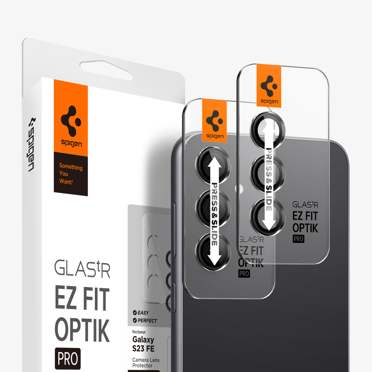 AGL06987 - Galaxy S23 FE EZ Fit Optik Pro Lens Protector in black showing the device, two lens protectors and packaging