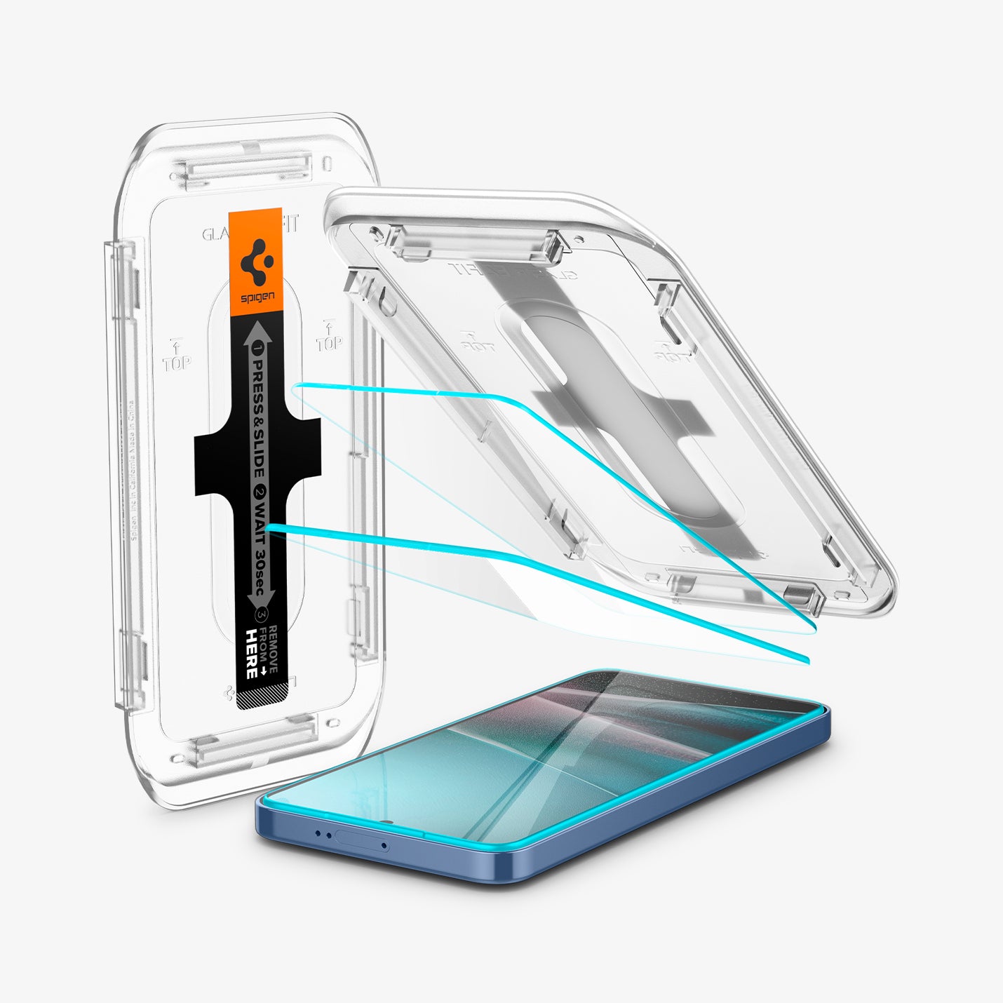 AGL07438 - Galaxy S25 GLAS.tR EZ Fit in Clear showing the alignment tray hovering above the 2 screen protector and the device with another tray on the side