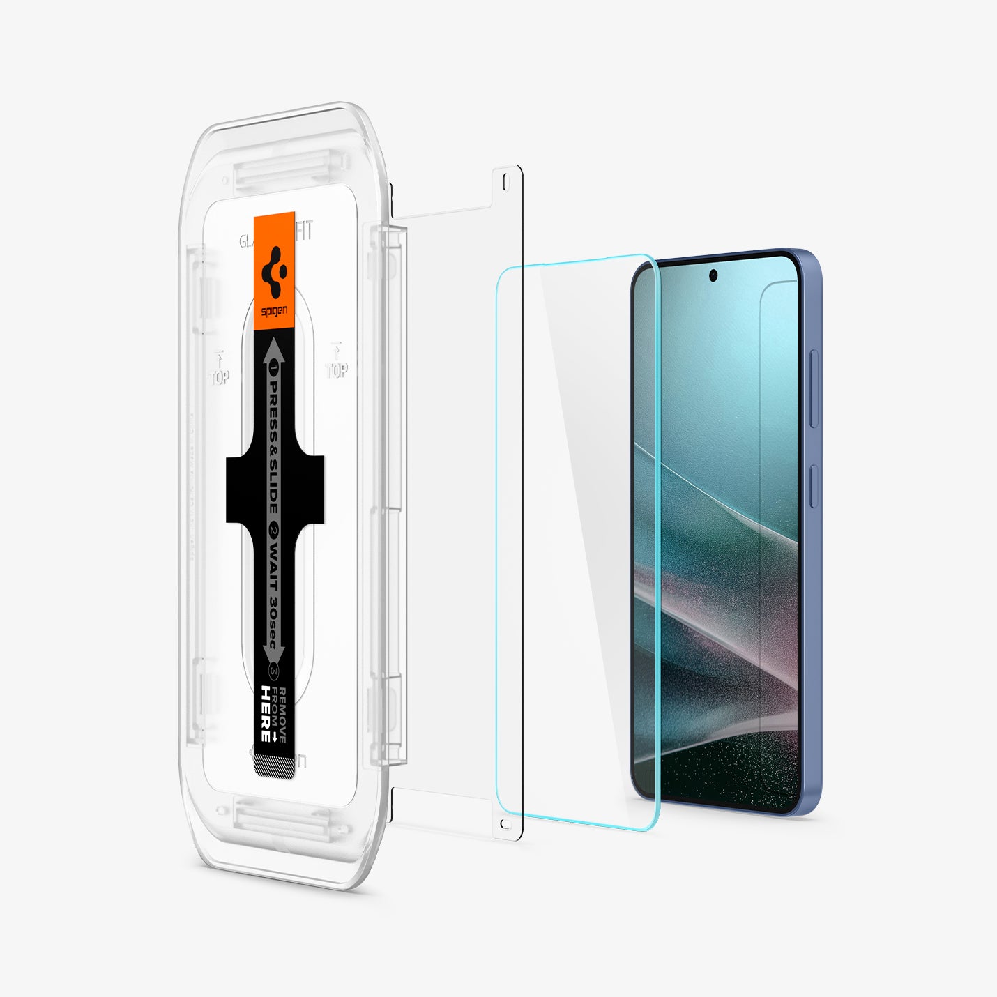 AGL07438 - Galaxy S25 GLAS.tR EZ Fit in Clear showing the alignment tray hovering in front of the film strip, screen protector and the device