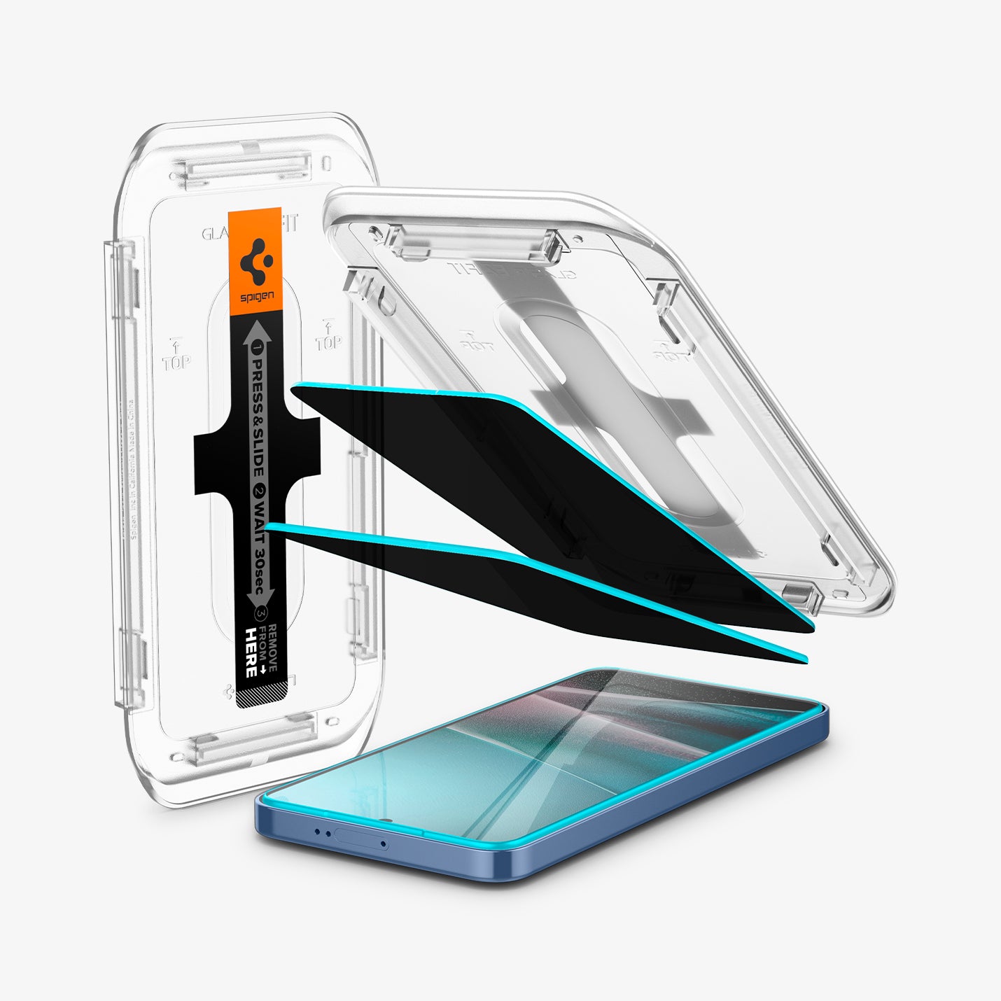 AGL07627 - Galaxy S25 GLAS.tR EZ Fit in Privacy showing the alignment tray partially hovering above the 2 screen protector and the device with another alignment tray on the side