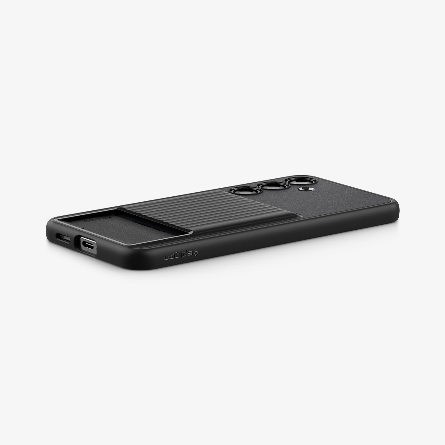 ACS07336 - Galaxy S24 Plus Case Liquid Slot in Matte Black showing the back with card slot, partial side and bottom on a flat surface