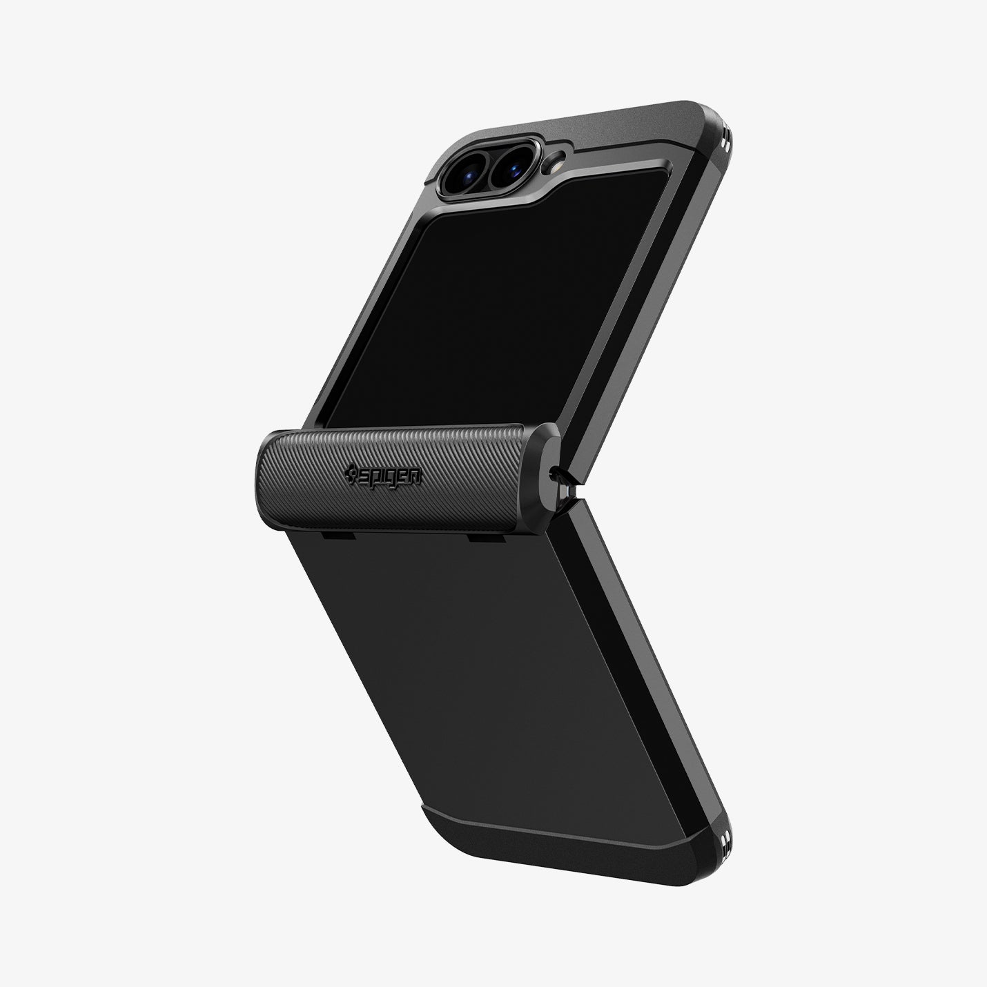 ACS08354 - Galaxy Z Flip 6 Case Slim Armor Pro in Black showing the back and partial side, half folded