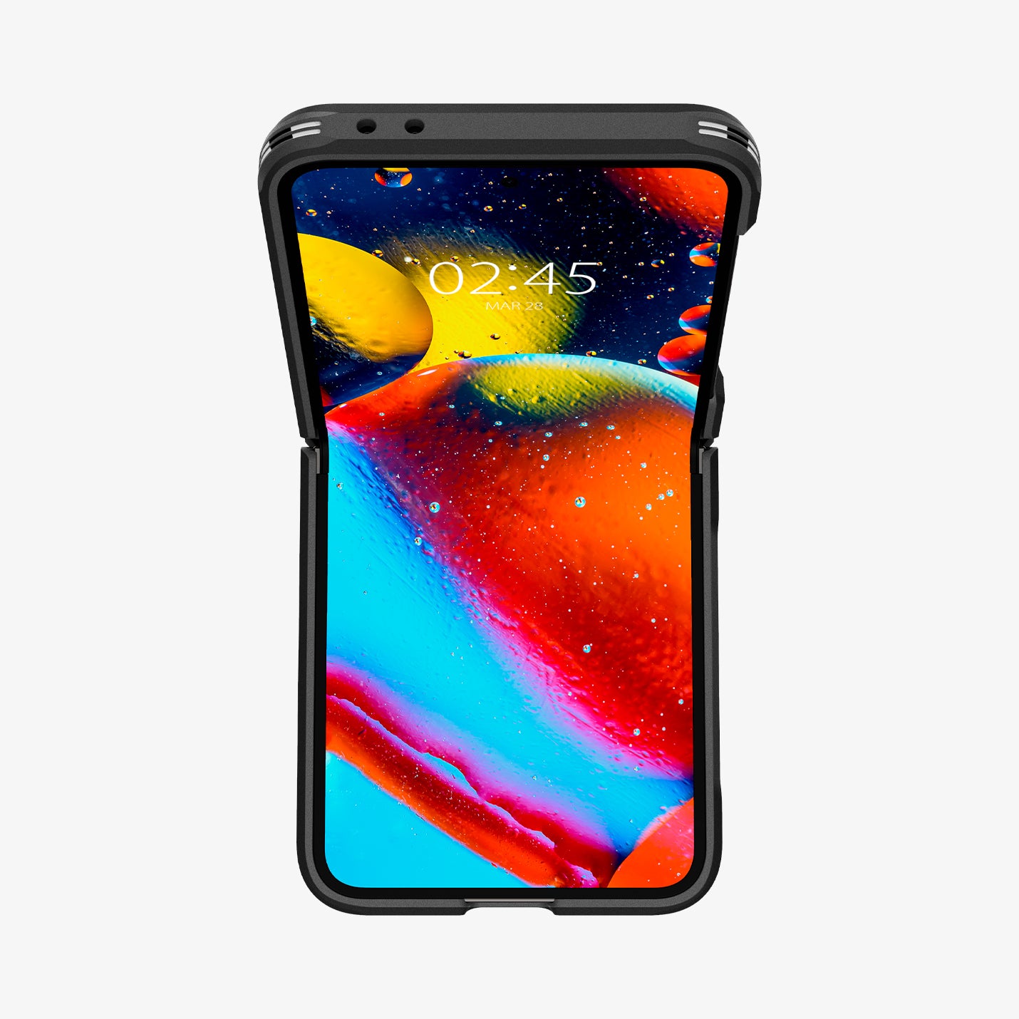 ACS08354 - Galaxy Z Flip 6 Case Slim Armor Pro in Black showing the front and top half folded