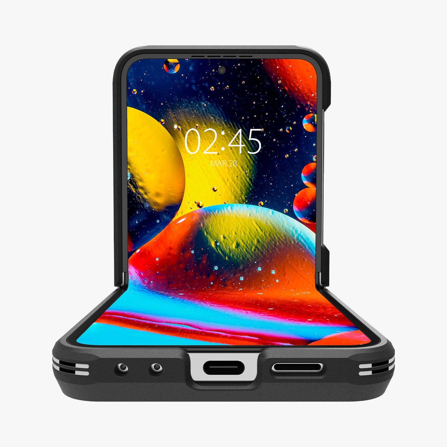 ACS08354 - Galaxy Z Flip 6 Case Slim Armor Pro in Black showing the front and bottom half folded