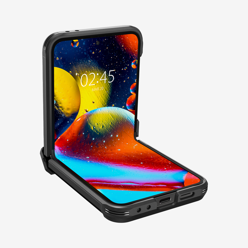 ACS07849 - Galaxy Z Flip 6 Case Tough Armor Pro in Black showing the front half open, partial sides and bottom 