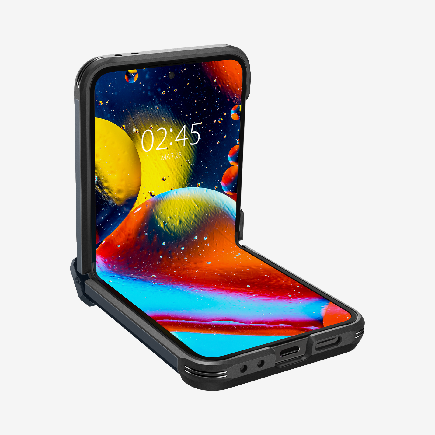 ACS08292 - Galaxy Z Flip 6 Case Tough Armor Pro in Metal Slate showing the front half open, partial sides and bottom