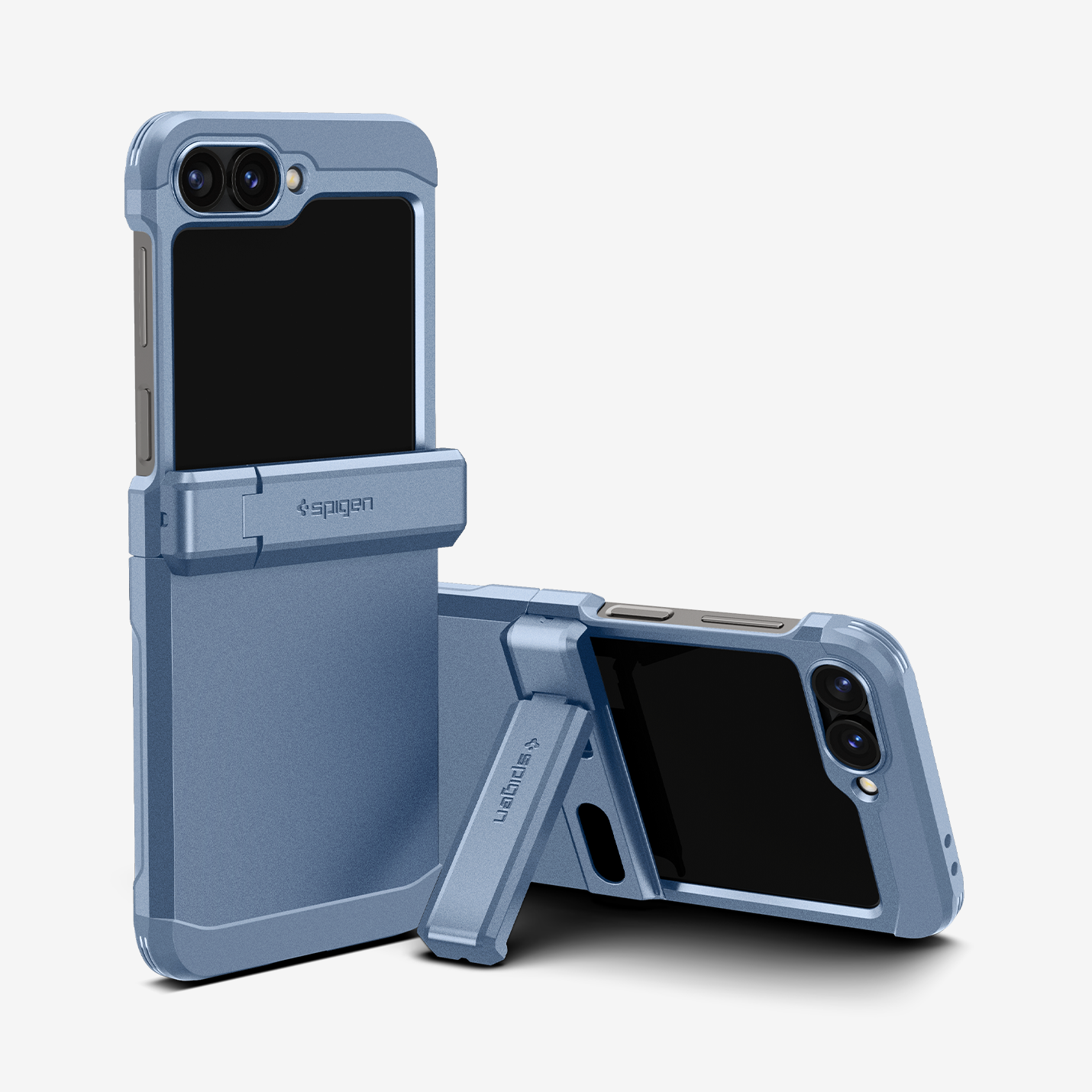 ACS08361 - Galaxy Z Flip 6 Case Tough Armor Pro in Sierra Blue showing the back of two devices, propped up with a built-in kickstand