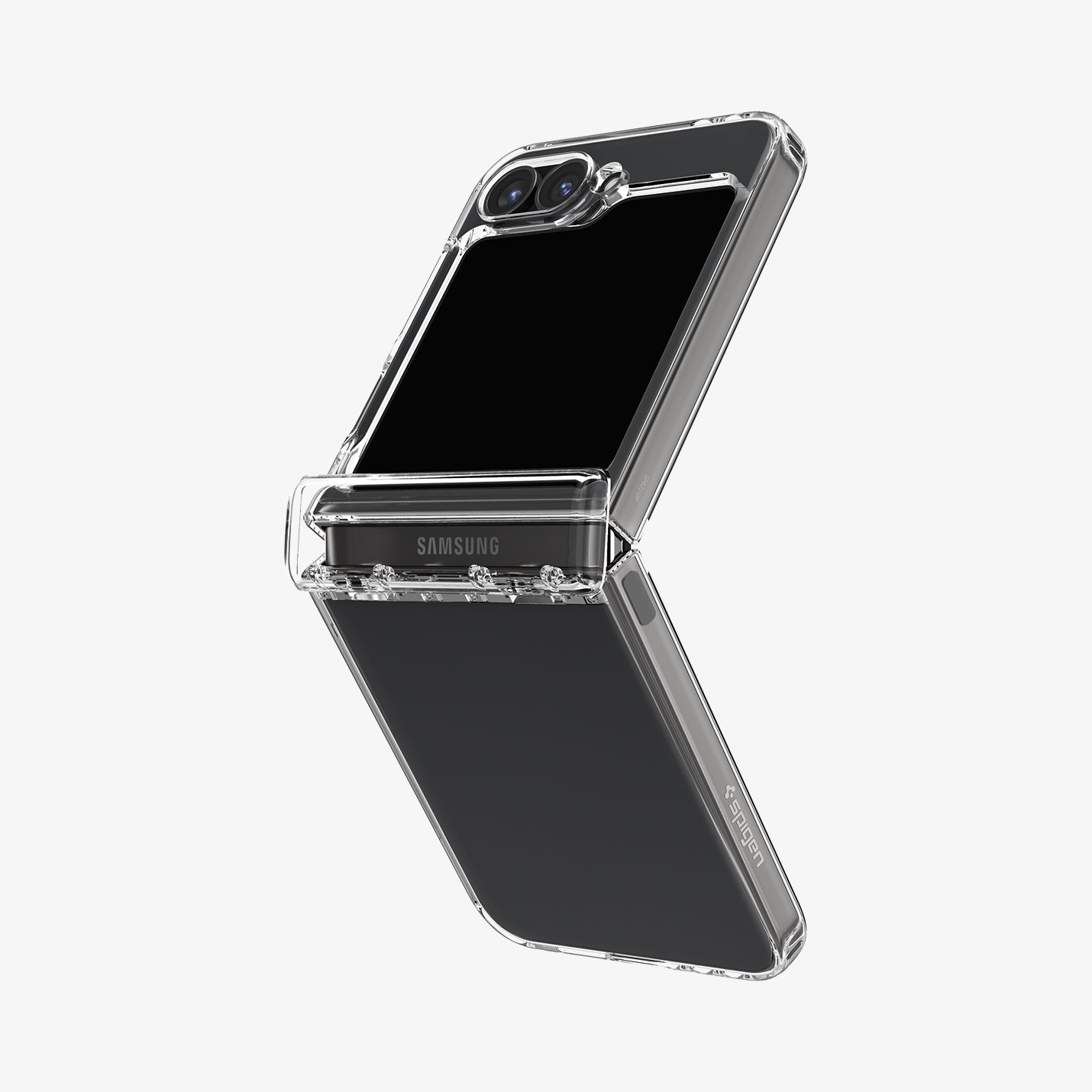 ACS07834 - Galaxy Z Flip 6 Case Ultra Hybrid Pro in Crystal Clear showing the back, partial side half folded