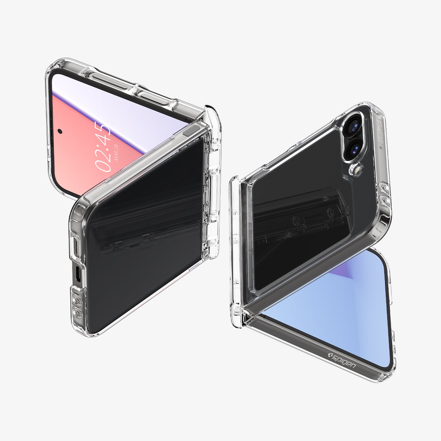 ACS07834 - Galaxy Z Flip 6 Case Ultra Hybrid Pro in Crystal Clear showing the back, partial front of two devices partially folded