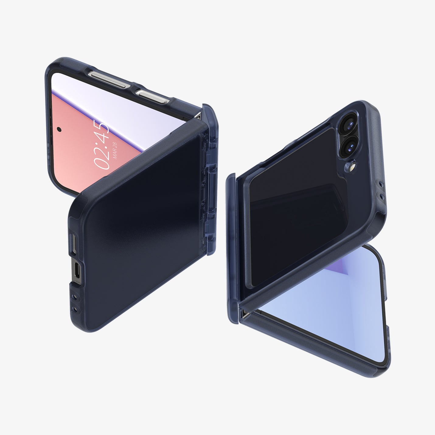 ACS08288 - Galaxy Z Flip 6 Case Ultra Hybrid Pro in Frost Navy Blue showing the back, partial front of two devices partially folded