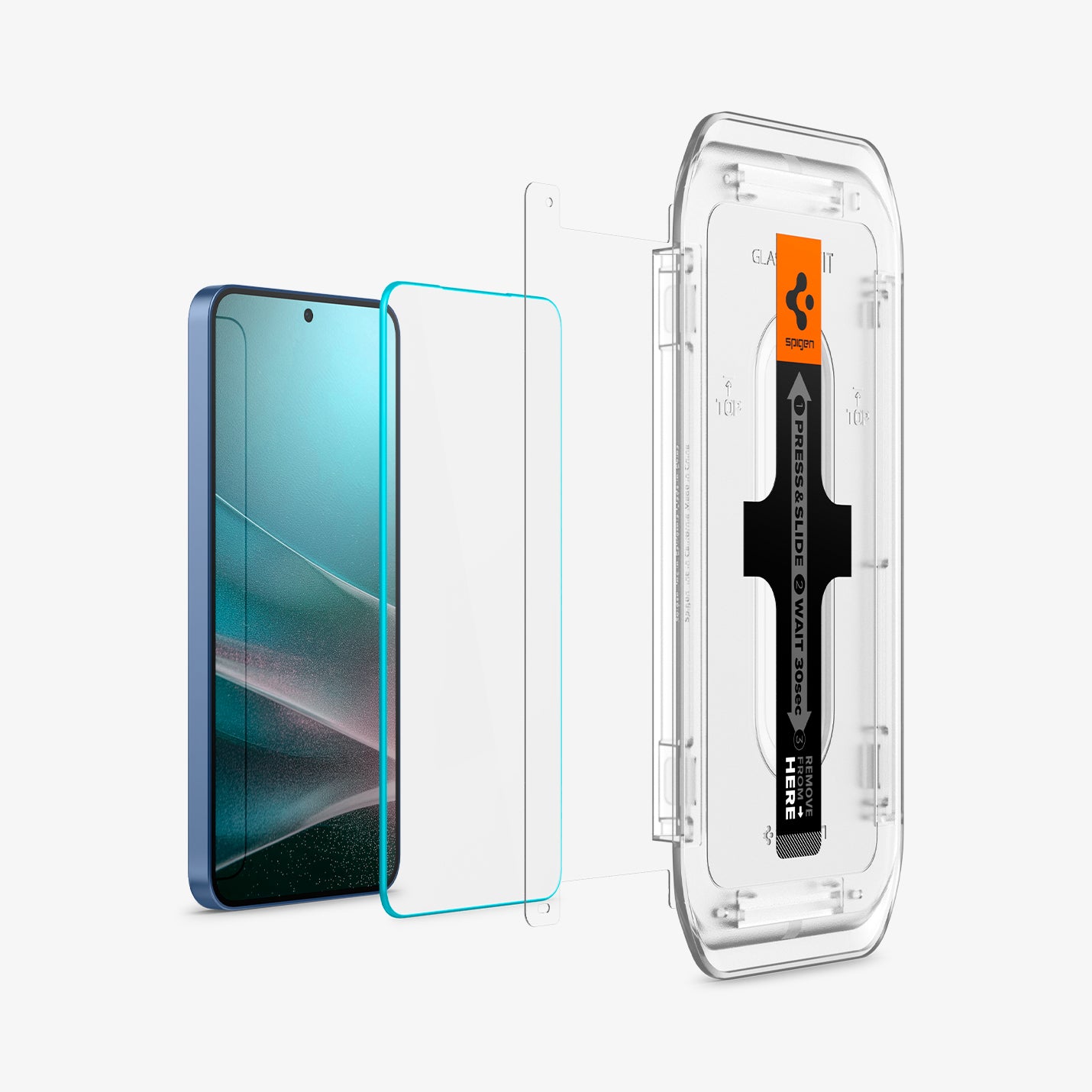 AGL07430 - Galaxy S25 Plus GLAS.tR EZ Fit in Clear showing the alignment tray hovering in front of the film strip, screen protector and the device