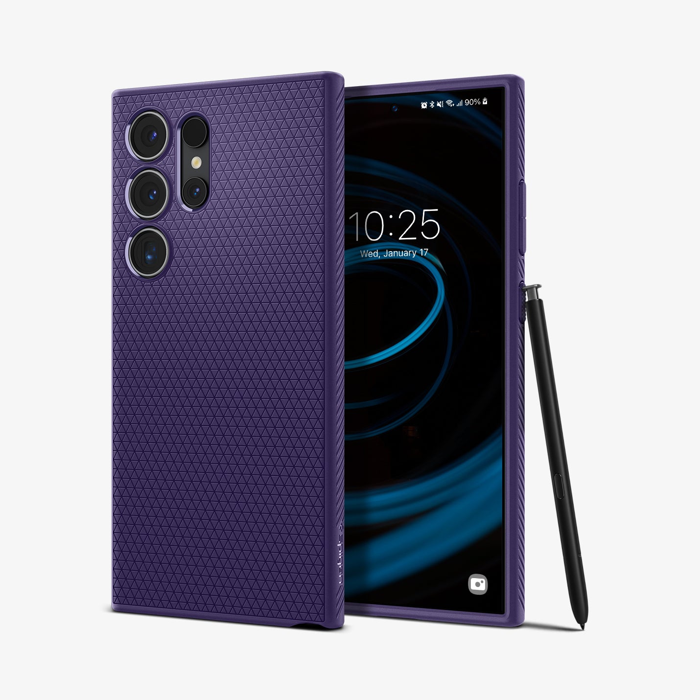 ACS07449 - Galaxy S24 Ultra Case Liquid Air in Deep Purple showing the back, behind, is another device facing front with stylus pen leaning on the side of a device