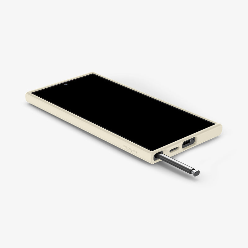 ACS07415 - Galaxy S24 Ultra Case Ultra Hybrid in Mute Beige showing the front of device, on a flat surface with stylus pen sticking out