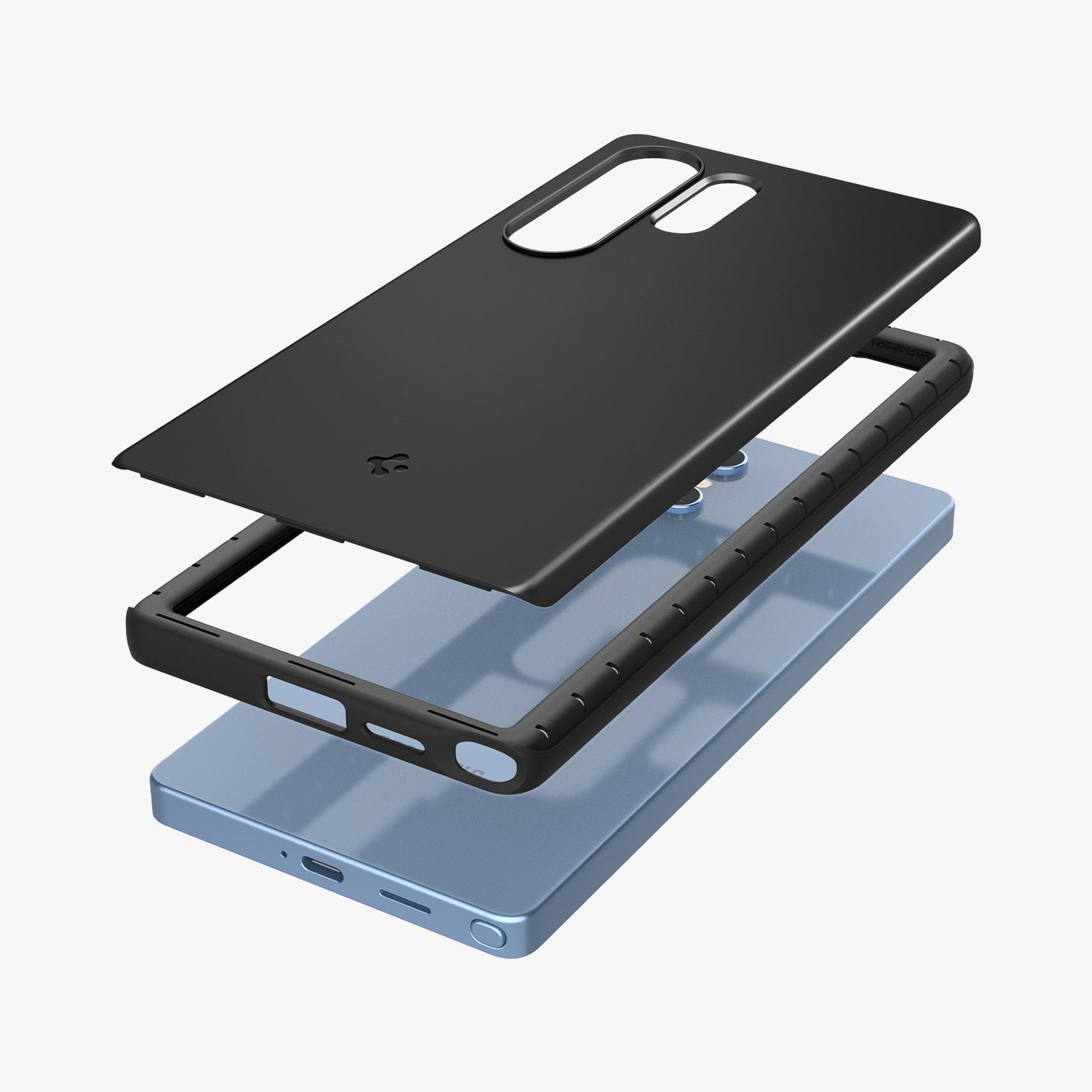 ACS08946 - Galaxy S25 Ultra Case Thin Fit (MagFit) in Black showing the detached back layer hovering above  tpu frame and device