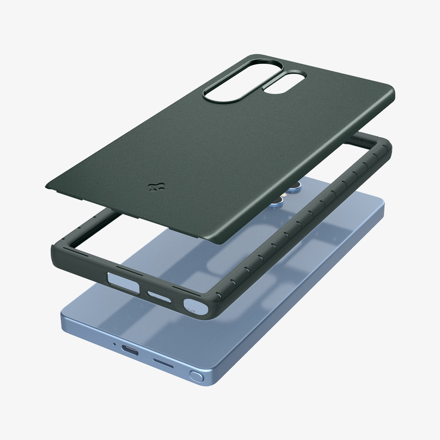 ACS08947 - Galaxy S25 Ultra Case Thin Fit (MagFit) in Abyss Green showing the detached back layer hovering above  tpu frame and device