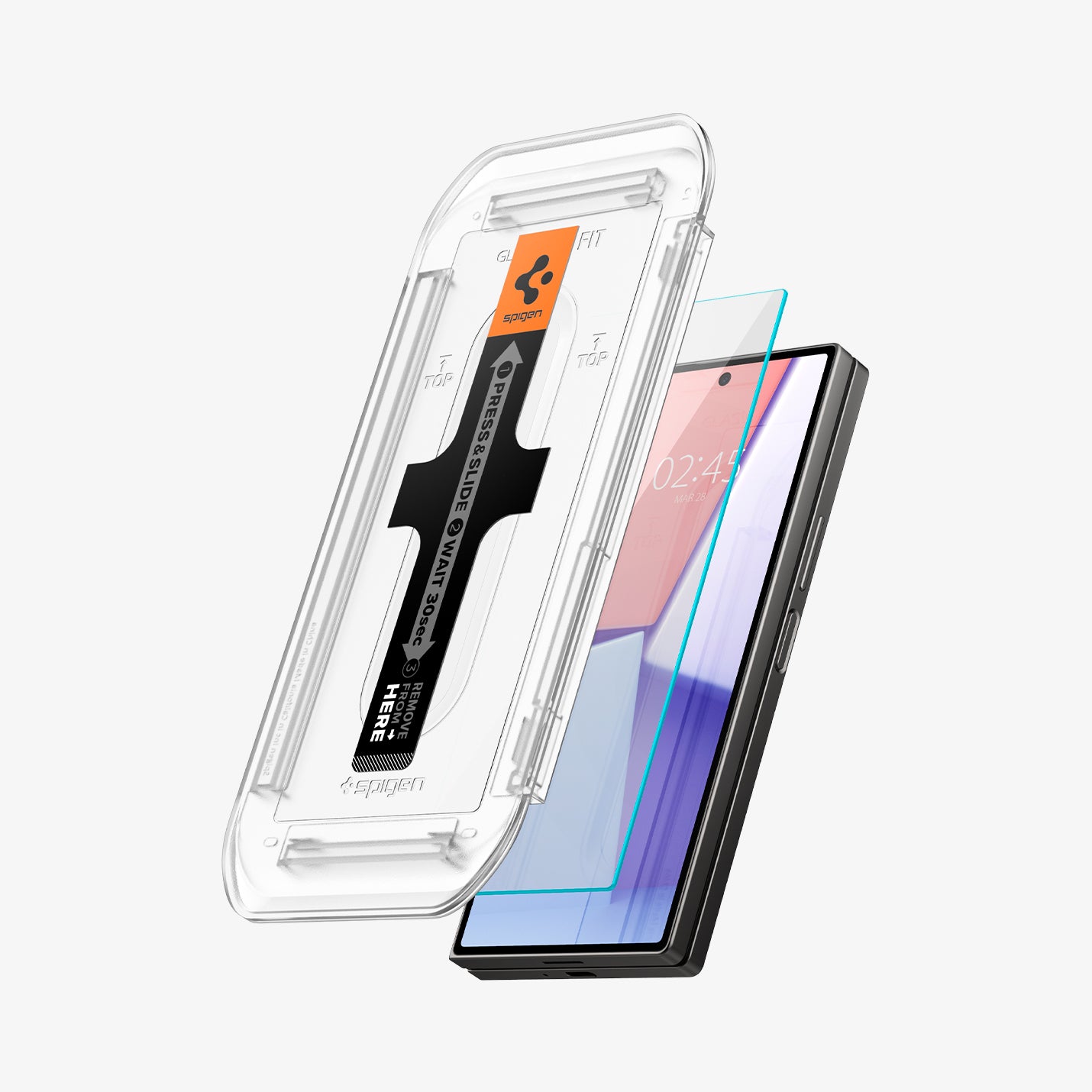 AGL07969 - Galaxy Z Fold 6 GLAS.tR EZ Fit in Clear showing the alignment tray hovering in front of a screen protector and a device