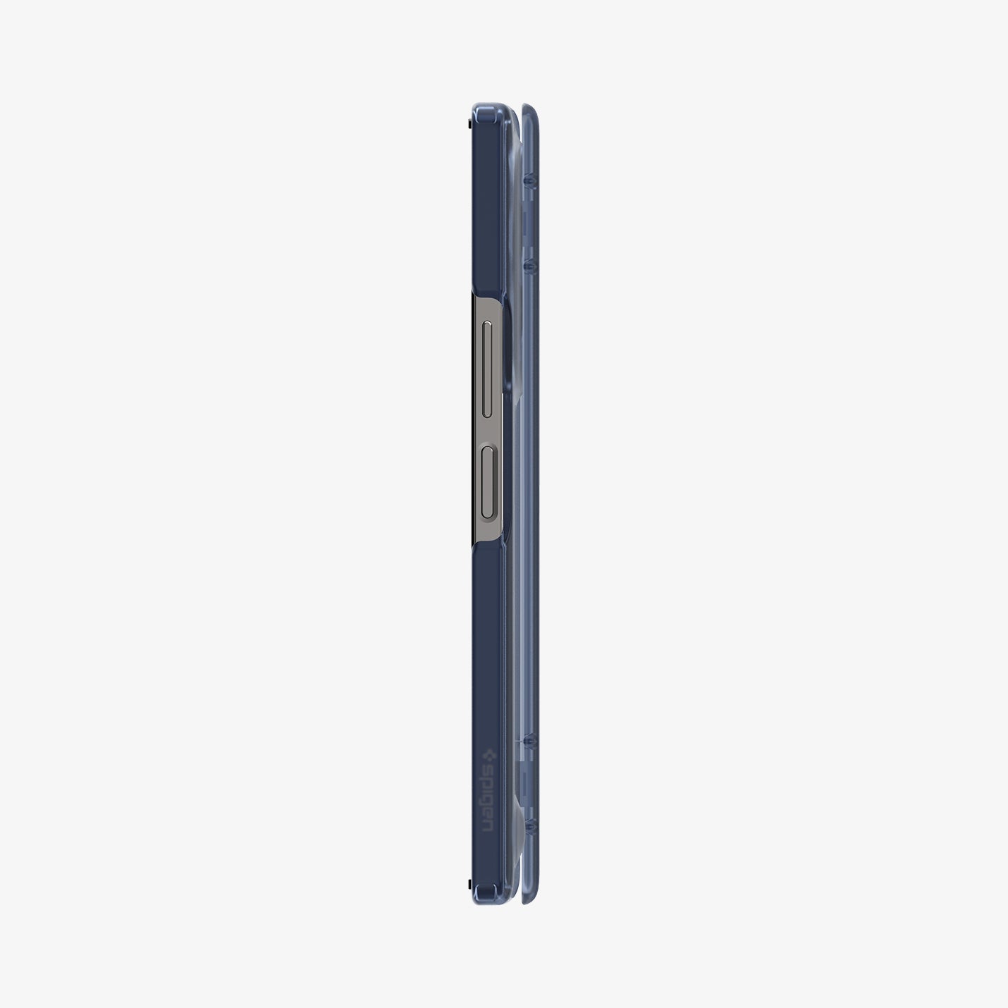 ACS08281 - Galaxy Z Flip 6 Case Ultra Hybrid Pro in Frost Navy Blue showing the side folded with volume buttons