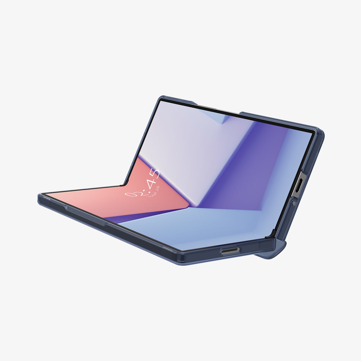 ACS08281 - Galaxy Z Flip 6 Case Ultra Hybrid Pro in Frost Navy Blue showing the front, partial side and bottom, partially folded Edit alt text