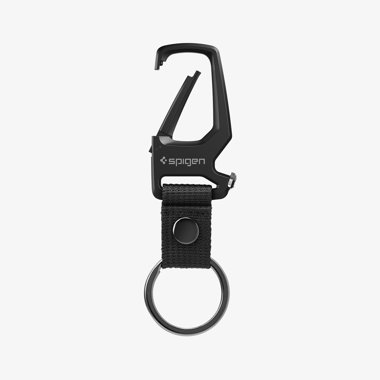 AHP08270 - Carabiner + Keyring in black showing the front, partial side, carabiner open