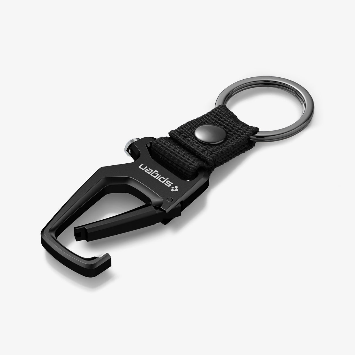 AHP08270 - Carabiner + Keyring in black showing the front and sides with carabiner partially open