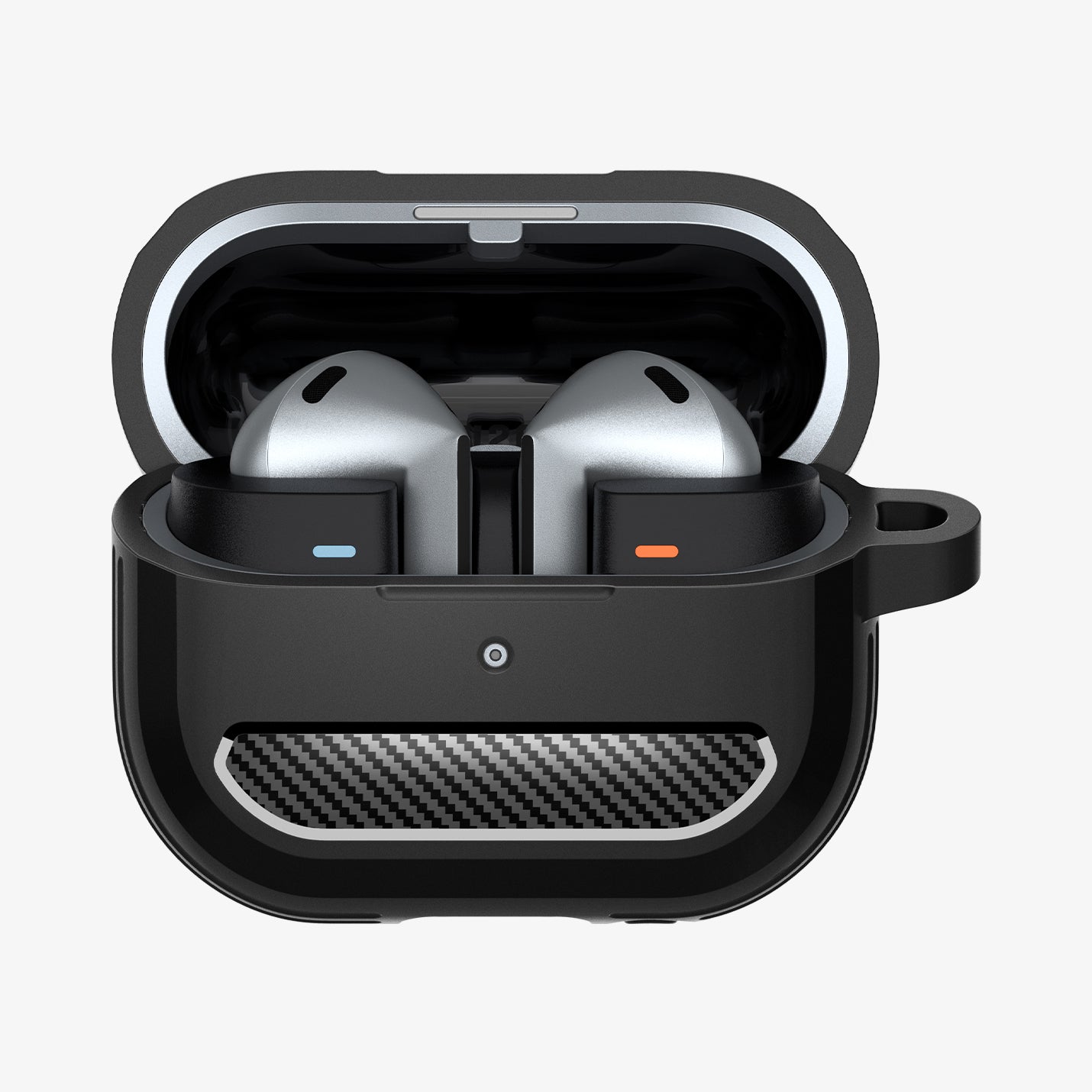 ACS08330 - Galaxy Buds 3 Pro Rugged Armor in Matte Black showing the front, open showing partial inside