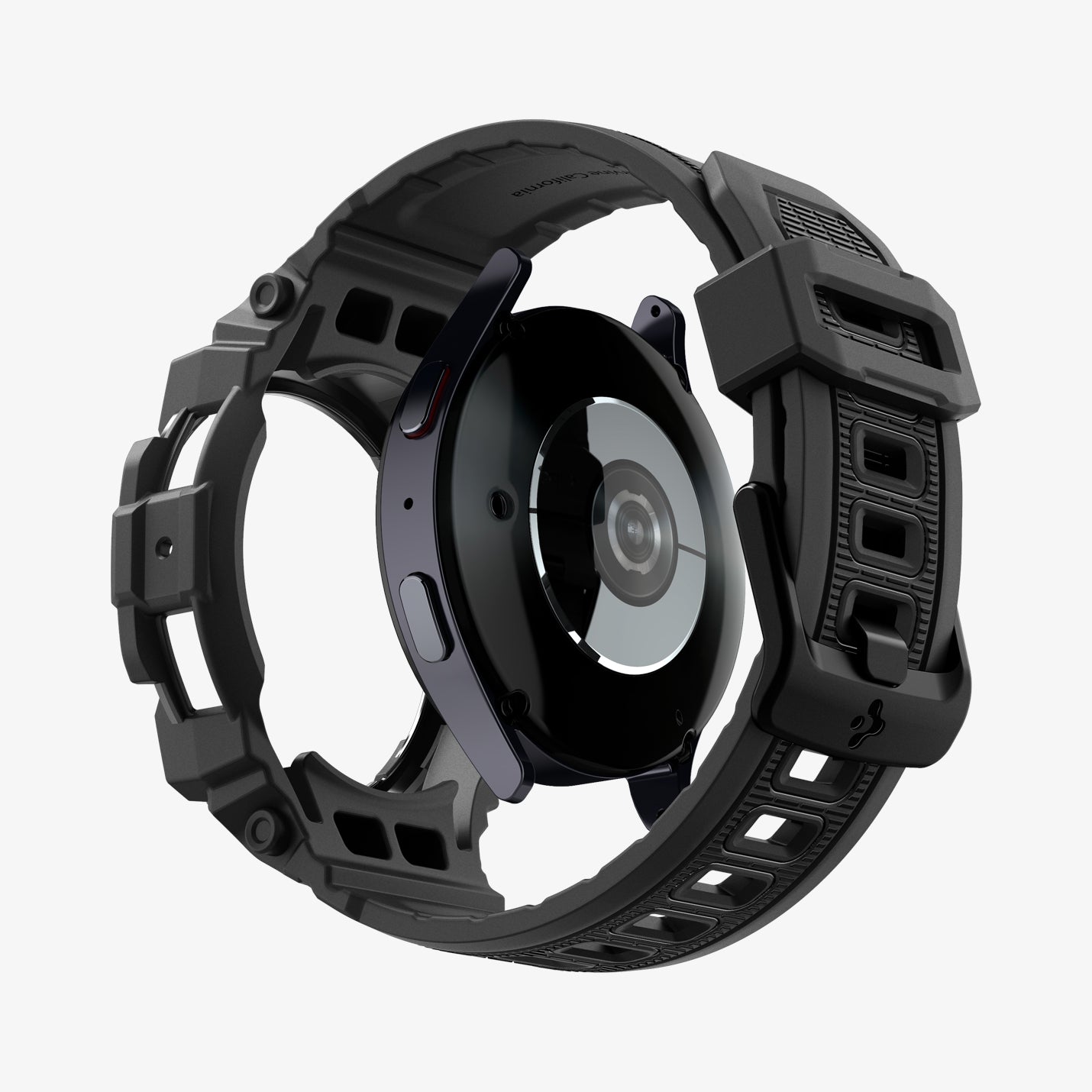 ACS08336 - Galaxy Watch 7 (40mm) Rugged Armor Pro in Matte Black showing the back, detached hovering under the watch band showing inner side and bottom