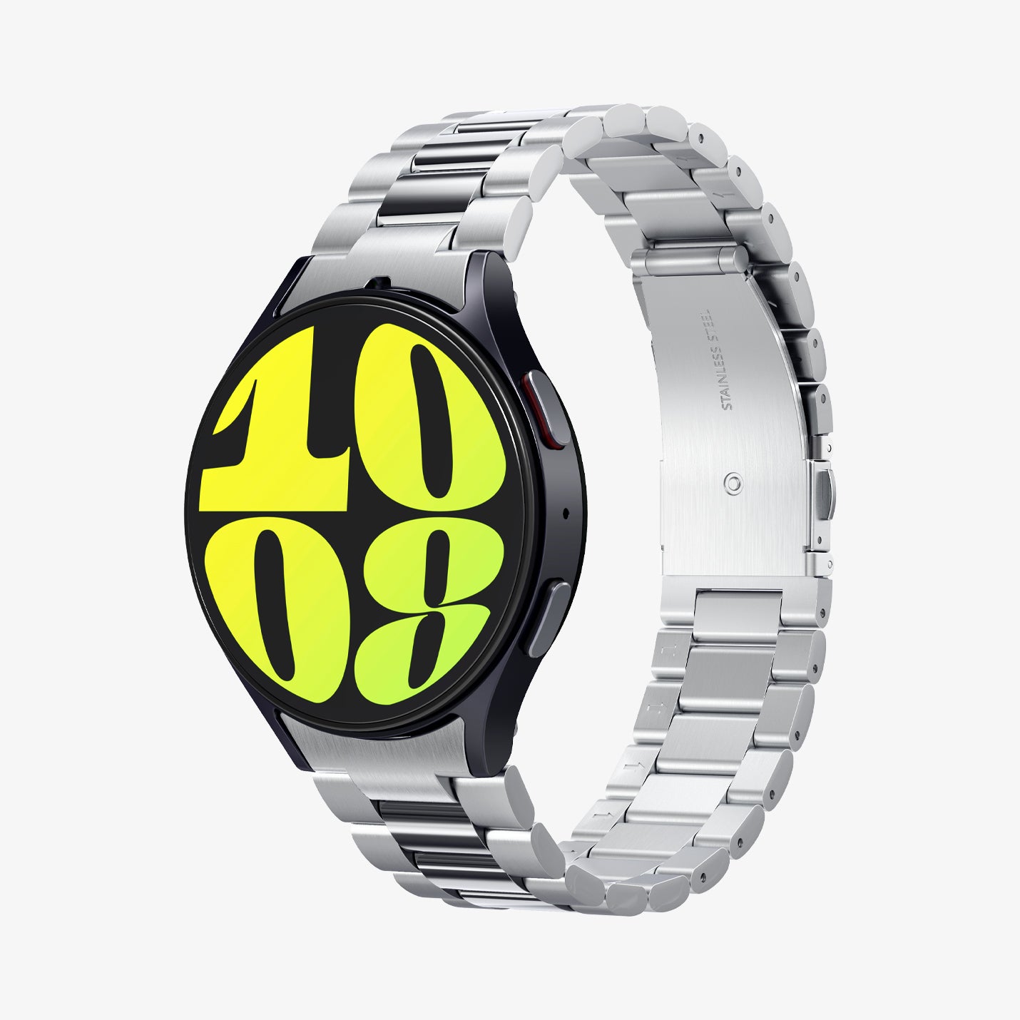 AMP08341 - Galaxy Watch 7 (44mm) Modern Fit 316L Band in Silver showing the front, sides, partial inner side and bottom