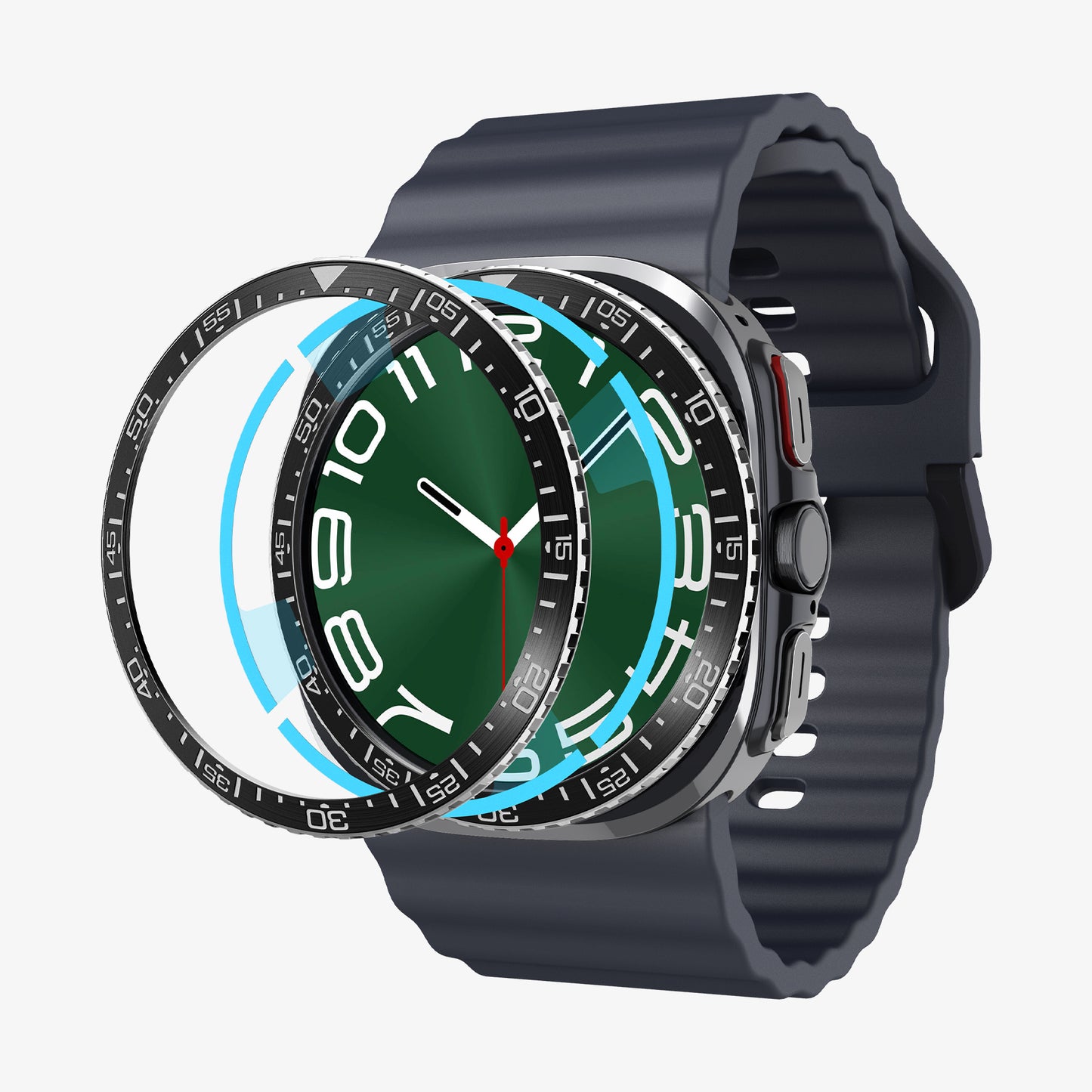 ACS08428 - Galaxy Watch Ultra (47mm) Bezel Tune in Black showing the front and partial side, with parts detached from the face of the watch