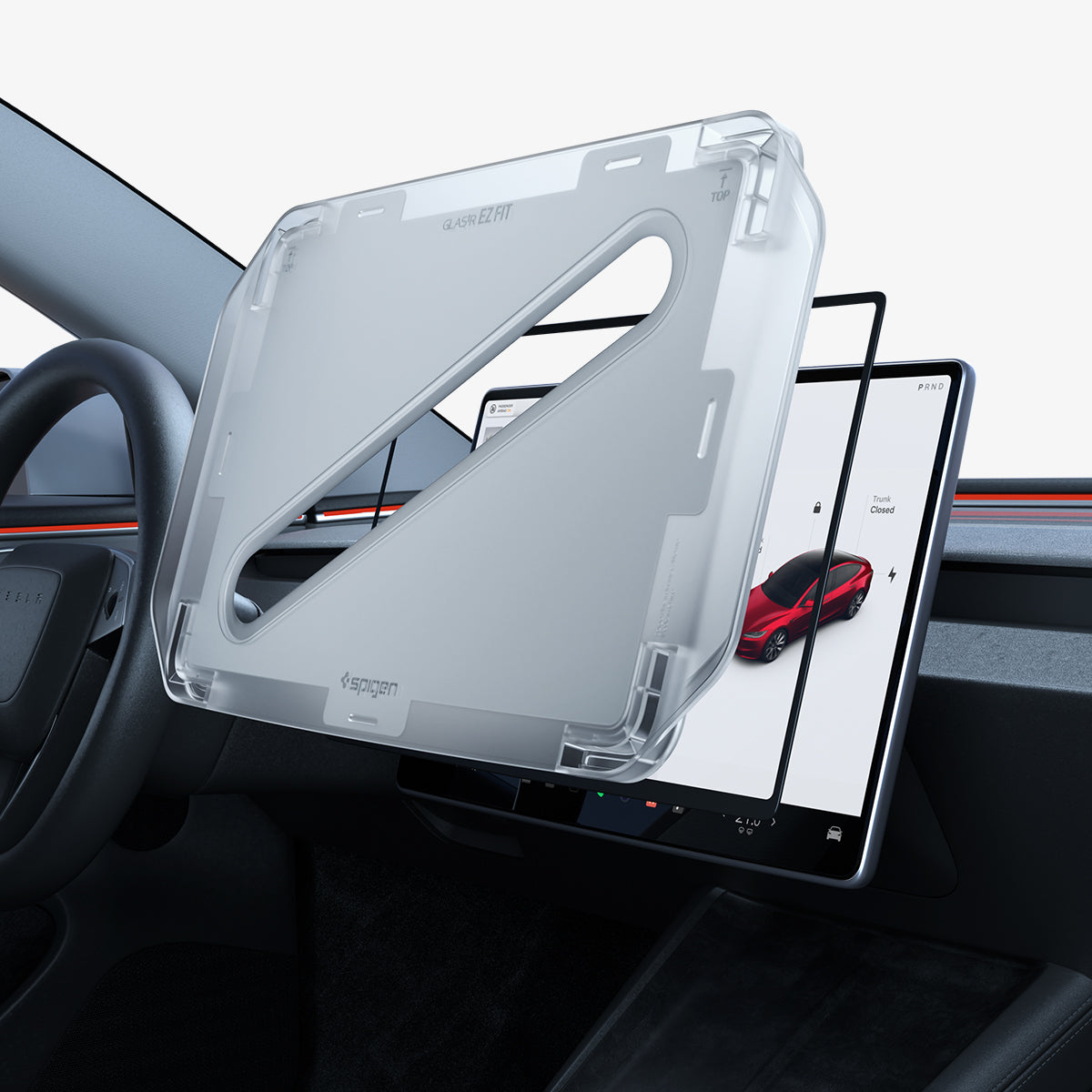 AGL07152 - Tesla Model 3 (2024) Protector GLAS.tR EZ Fit Anti-Glare in Clear Matte showing the alignment tray hovering above the tempered glass and a device