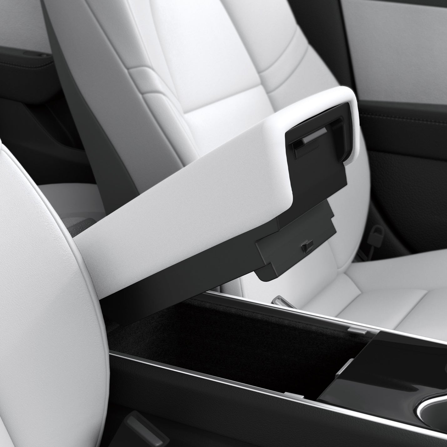 ACP07645 - Tesla Model Y & 3 Armrest Cover TO240 in White showing the cover installed with armrest open