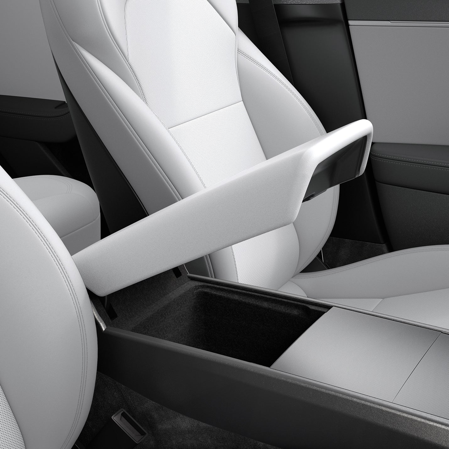 ACP07646 - Tesla Model 3 Highland Armrest Cover TO240H in White showing the front and partial side of an armest partially lifted up inside a car