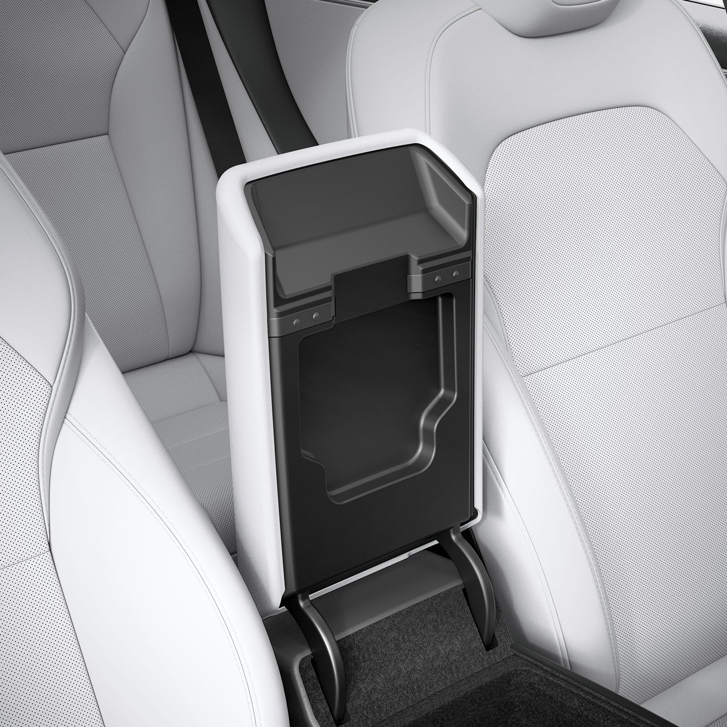 ACP07646 - Tesla Model 3 Highland Armrest Cover TO240H in White showing the inside and partial side of an armrest half open, inside a car