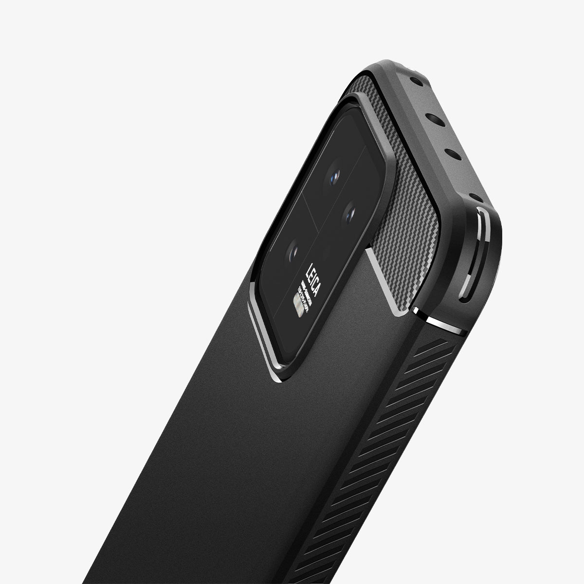 ACS05323 - Xiaomi 13 Rugged Armor Case in Matte Black showing the partial back and sides half body focusing on the camera lens zoomed in