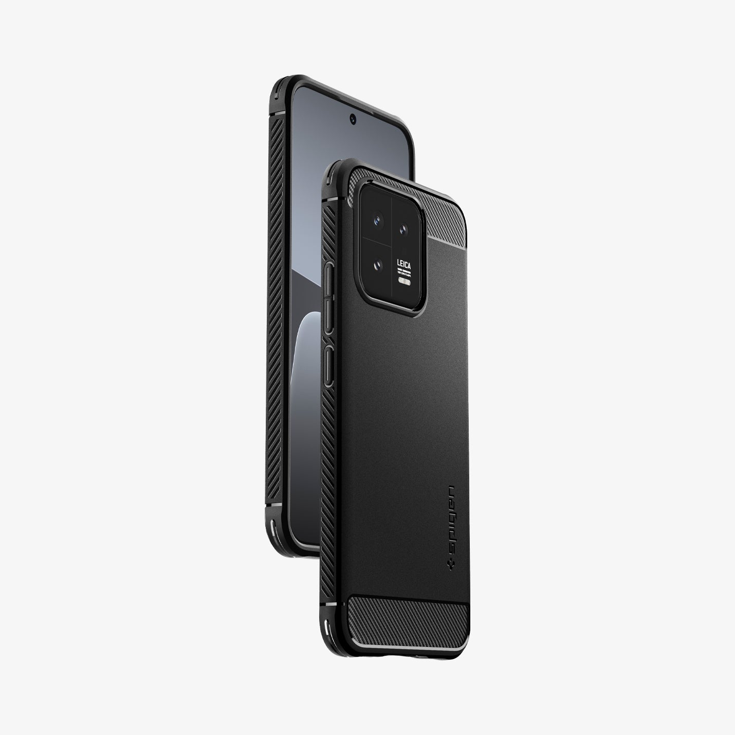 ACS05323 - Xiaomi 13 Rugged Armor Case in Matte Black showing the back, partial side, hovering behind, a device showing partial front and side