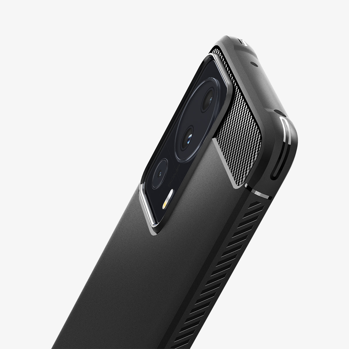 ACS05324 - Xiaomi 13 Lite Rugged Armor Case in Matte Black showing the partial back and sides half body focusing on the camera lens zoomed in