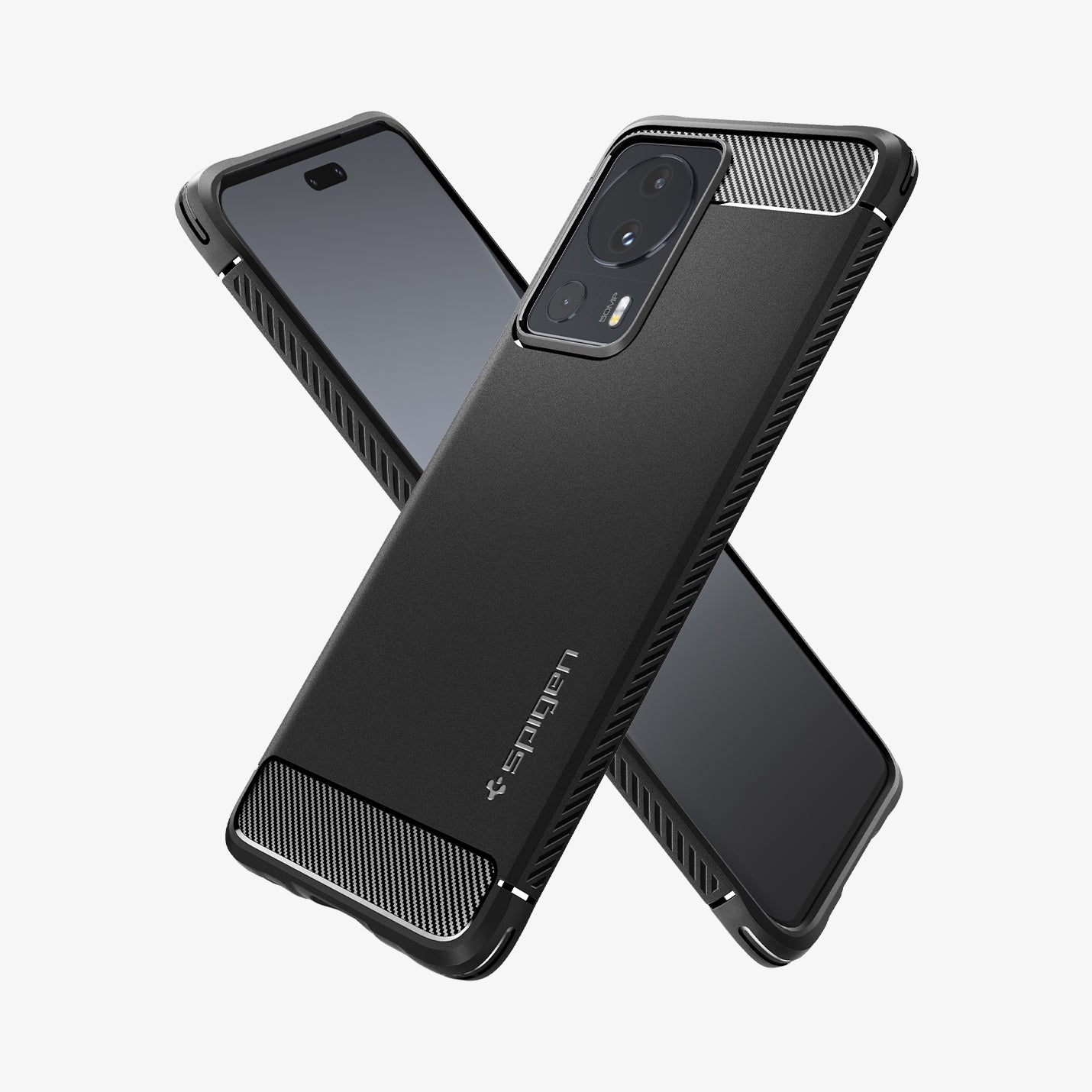 ACS05324 - Xiaomi 13 Lite Rugged Armor Case in Matte Black showing the back, partial side, behind, a device showing partial front and partial side