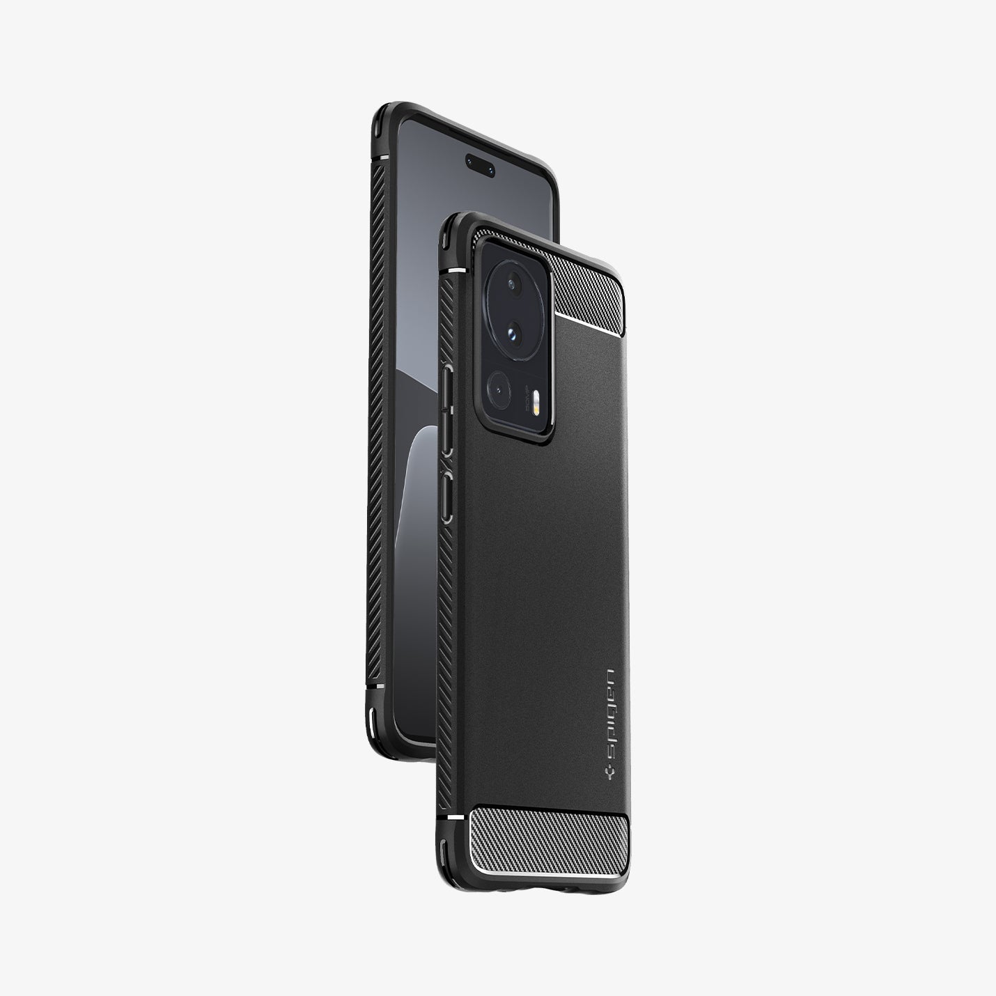 ACS05324 - Xiaomi 13 Lite Rugged Armor Case in Matte Black showing the back, partial side, hovering behind, a device showing partial front and side