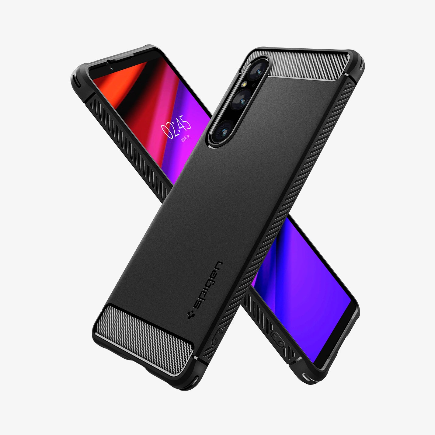 ACS06204 - Sony Xperia 1V Case Rugged Armor in matte black showing the back, front and sides