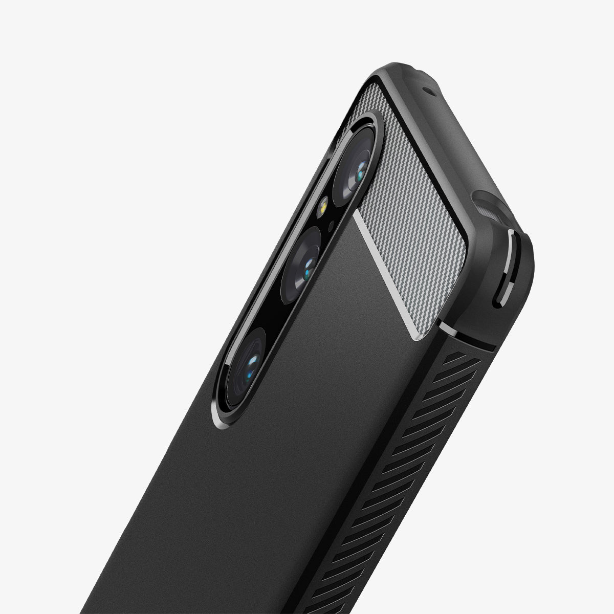 ACS06204 - Sony Xperia 1V Case Rugged Armor in matte black showing the back, side and top zoomed in