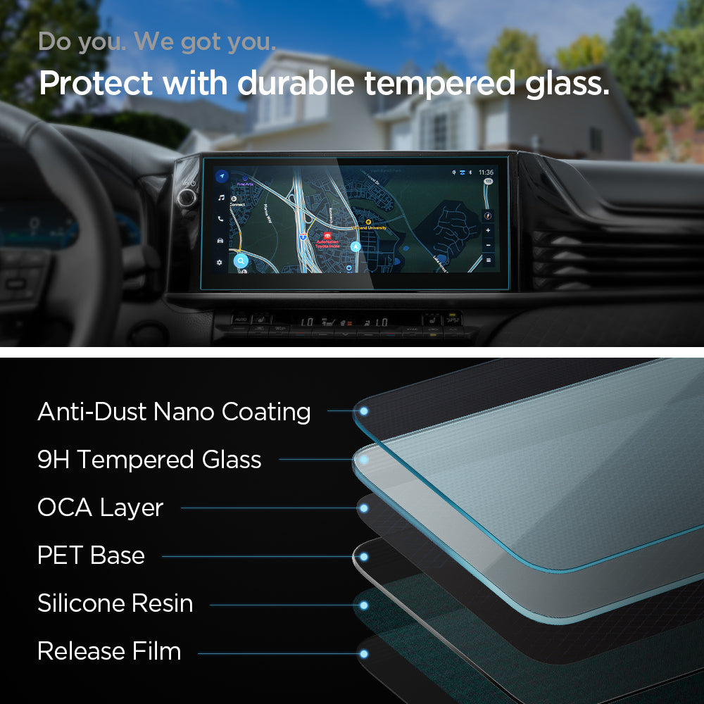 AGL08820 - Toyota Camry 12.3-inch (2025) Screen Protector GLAS.tR SLIM showing the protection with durable tempered glass, anti-dust nano coating, 9H tempered glass, OCA layer, PET base, silicon resin and release film