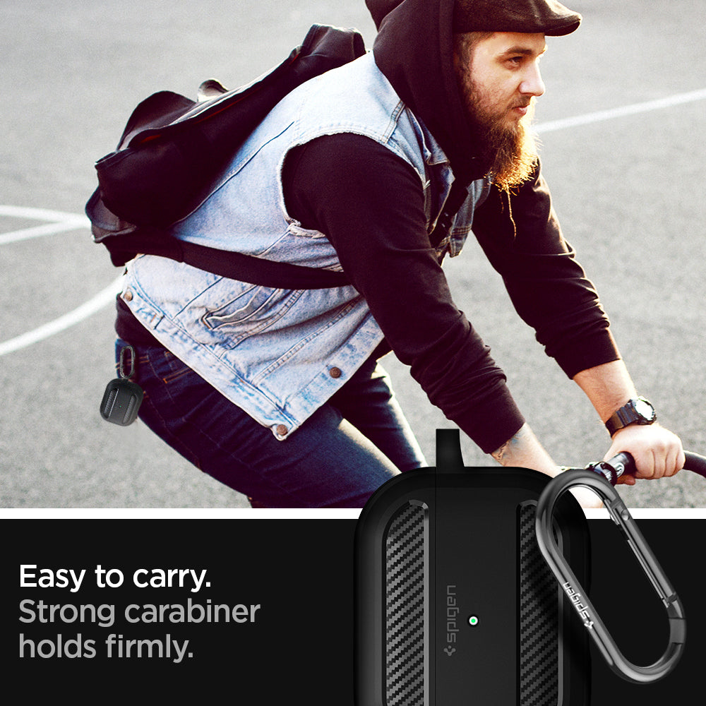 ASD00540 - Apple AirPods Pro Case Rugged Armor in matte black showing how it is easy to carry. Strong carabiner holds firmly