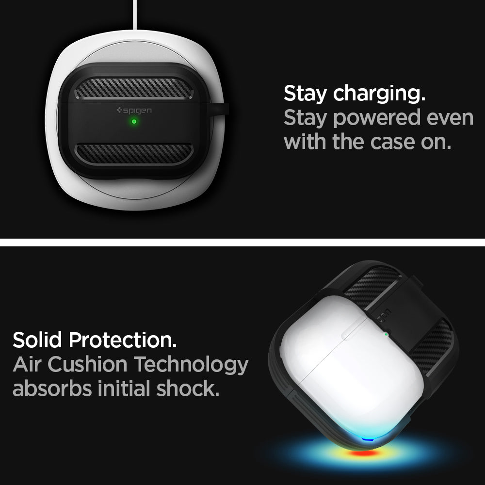 ASD00540 - Apple AirPods Pro Case Rugged Armor in matte black showing how it stayed charging. Stay powered even with the case on. Solid Protection. Air Cushion Technology absorbs initial shock