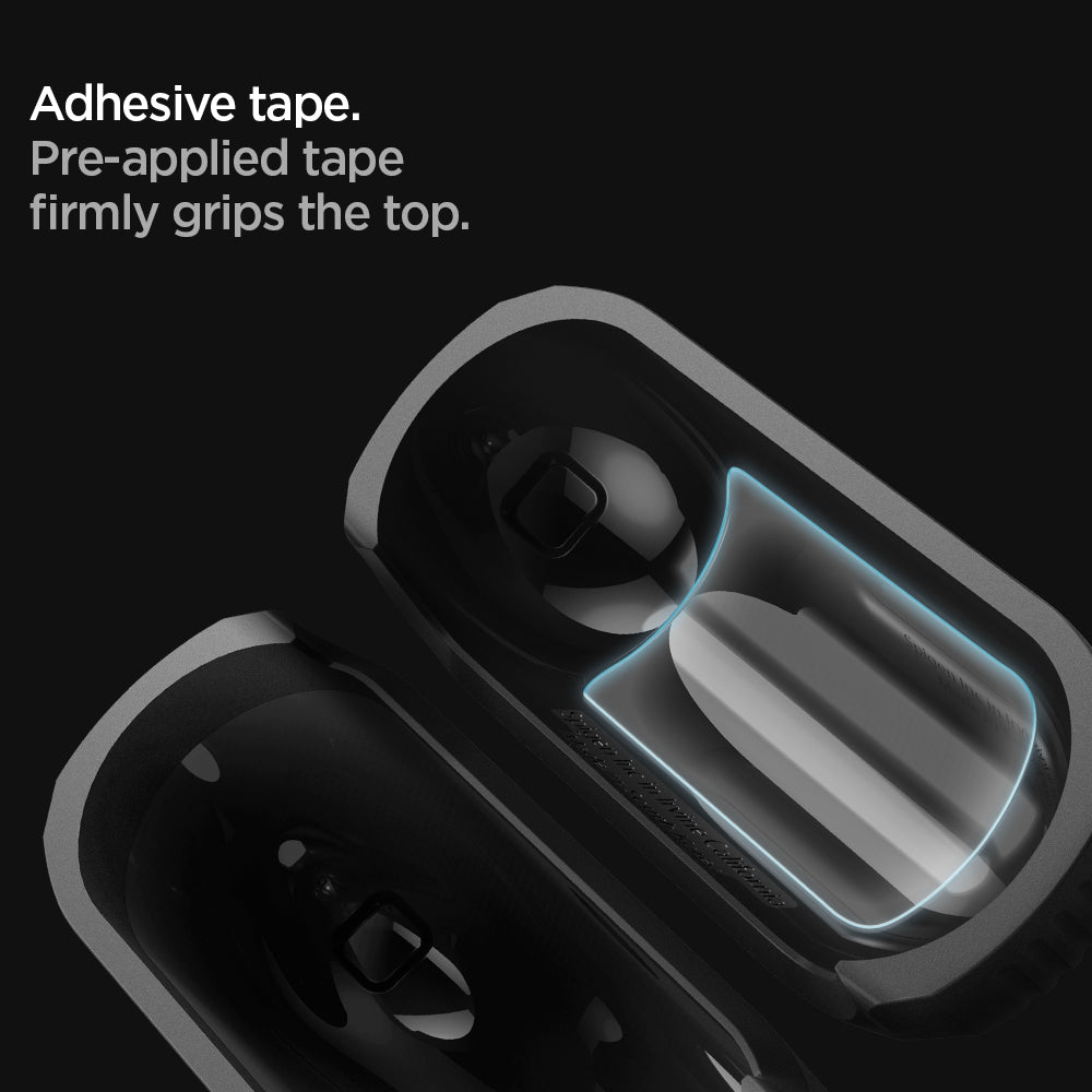 ASD00540 - Apple AirPods Pro Case Rugged Armor in matte black showing the adhesive tape. Pre-applied tape firmly grips the top