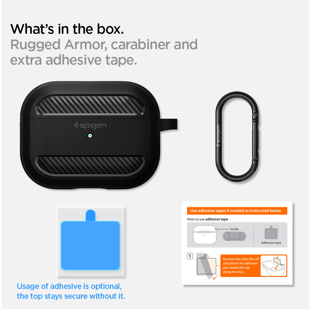 ASD00540 - Apple AirPods Pro Case Rugged Armor in matte black showing what's in the box. Rugged Armor, carabiner and extra adhesive tape. Usage of adhesive is optional, the top stays secure without it